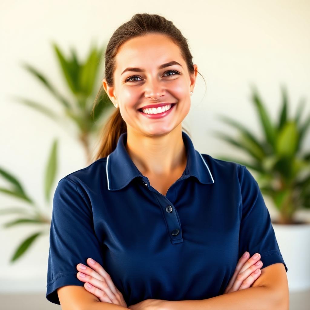 Friendly THRIVE support worker smiling in navy polo