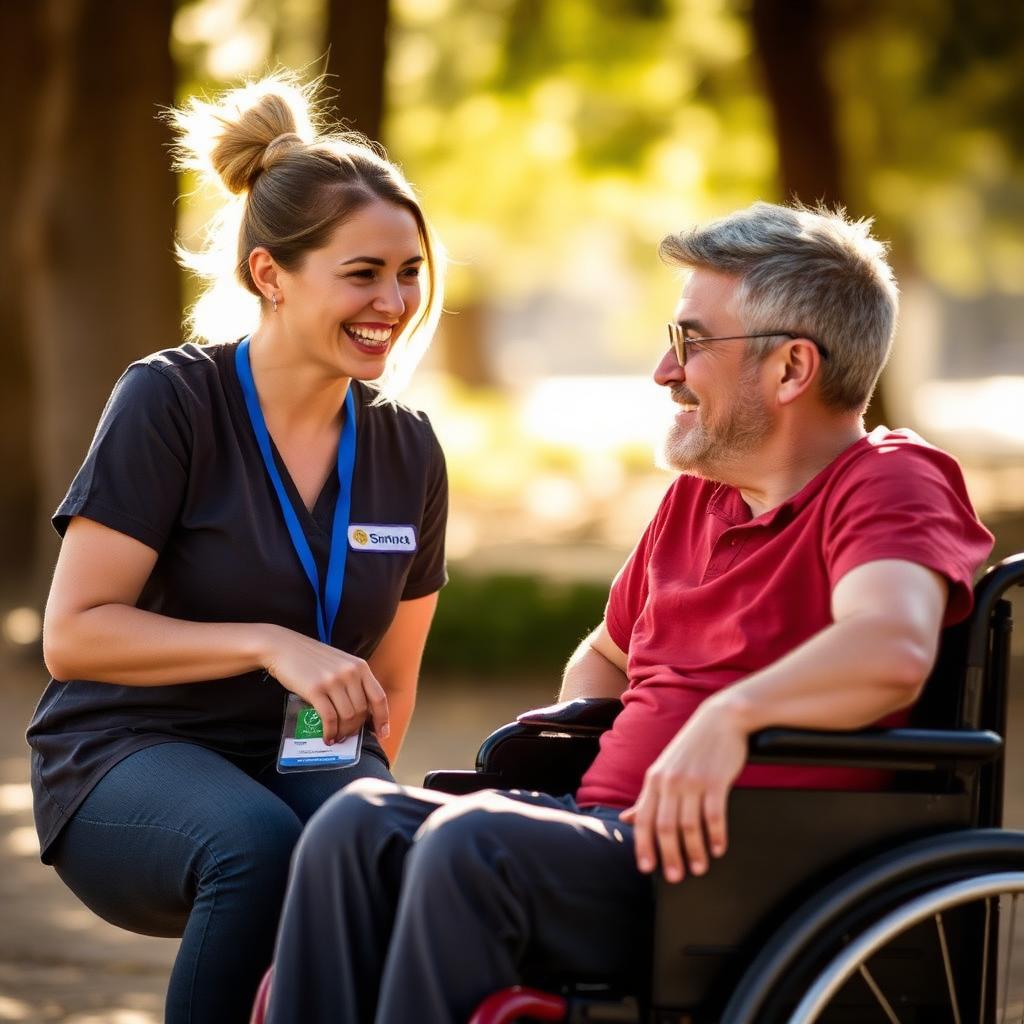 THRIVE support worker sharing a laugh with an NDIS participant outdoors