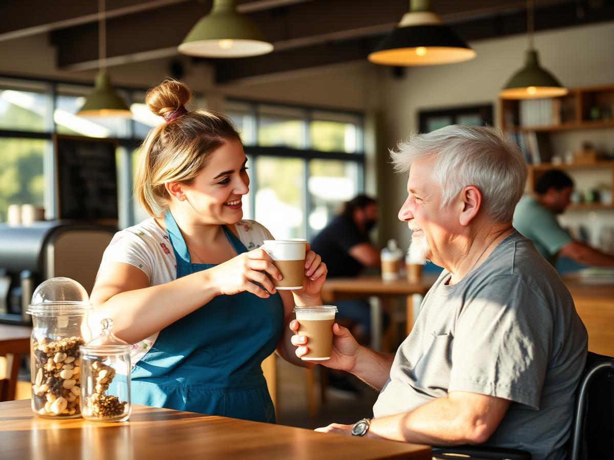 A support worker assisting a participant at a Sunshine Coast café