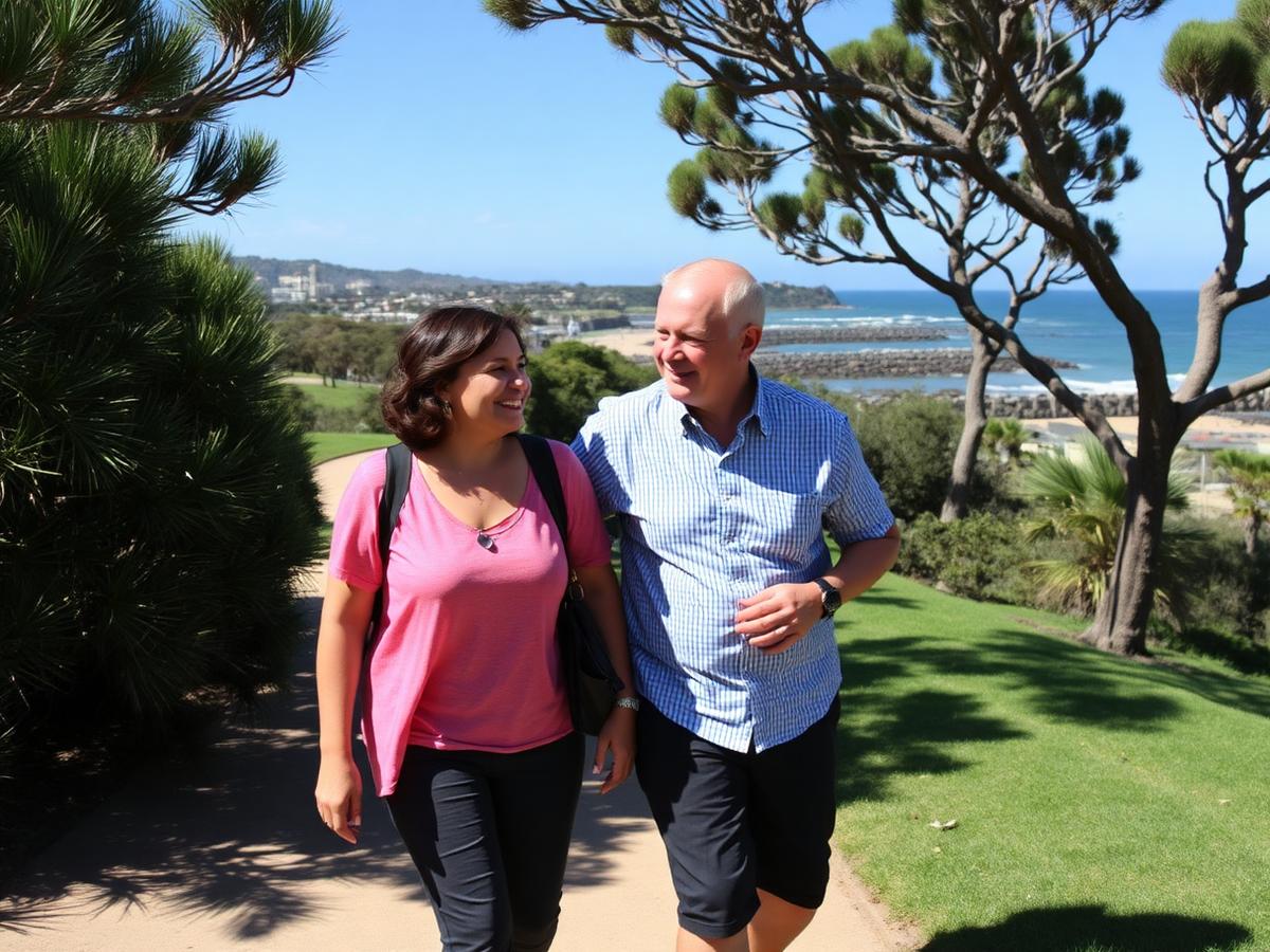 Support worker and participant on a coastal walk